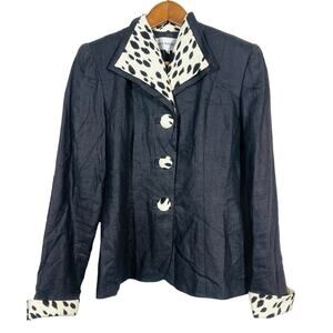 Vintage Laura Madrigano Linen Blazer Jacket Black Animal Crepe Fitted - 4